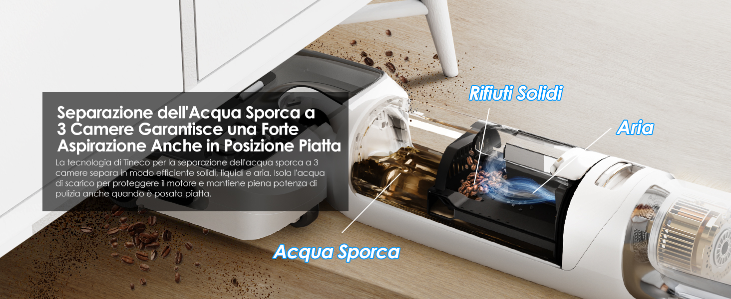 3-Chamber Dirty Water Separation Ensures Strong Suction Even in a Flat Position